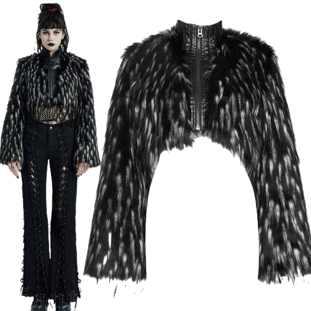 Punk Rave Gothic Black White Cropped Fur Jacket - Picture 5 of 15